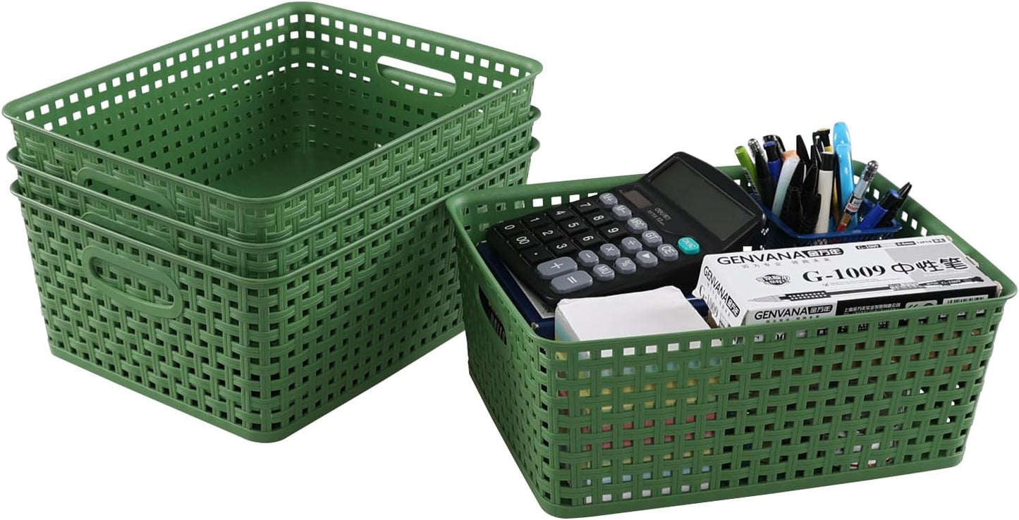 Medium Plastic Baskets - Woven Storage Organizers for Home | Set of 4