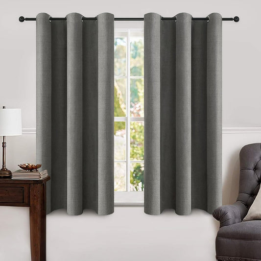MIULEE Linen Blackout Curtains - 100% Room Darkening Thermal Insulated Grommet Panels | Dark Grey, 42" x 63" (2 PCs)