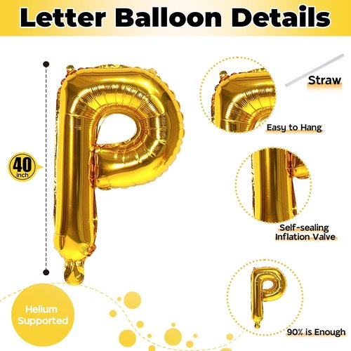 Giant P Gold Alphabet Balloon - 40 Inch Self-Inflating Mylar Foil Letter for Birthday & Graduation Decor