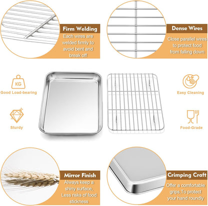 P&P CHEF 9-Inch Baking Sheet Pan Set - Stainless Steel Oven Tray with Rack & Silicone Mat, Dishwasher Safe