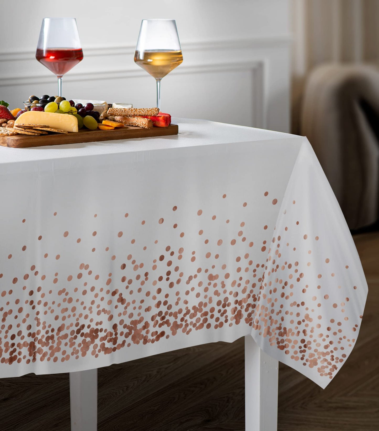 Prestee Rose/Gold Tablecloths, 4pk, 54"x108" | Gold Dot Disposable Tablecloths | Plastic Tablecloth | Rose Gold Plastic Tablecloths Cover | Paper Tablecloths for BBQ, Party, Fine Dining, Wedding