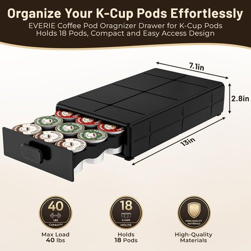 EVERIE Coffee Pod Organizer - Compact Drawer for 18 K-Cup Pods | Easy-Access Design for Small Spaces