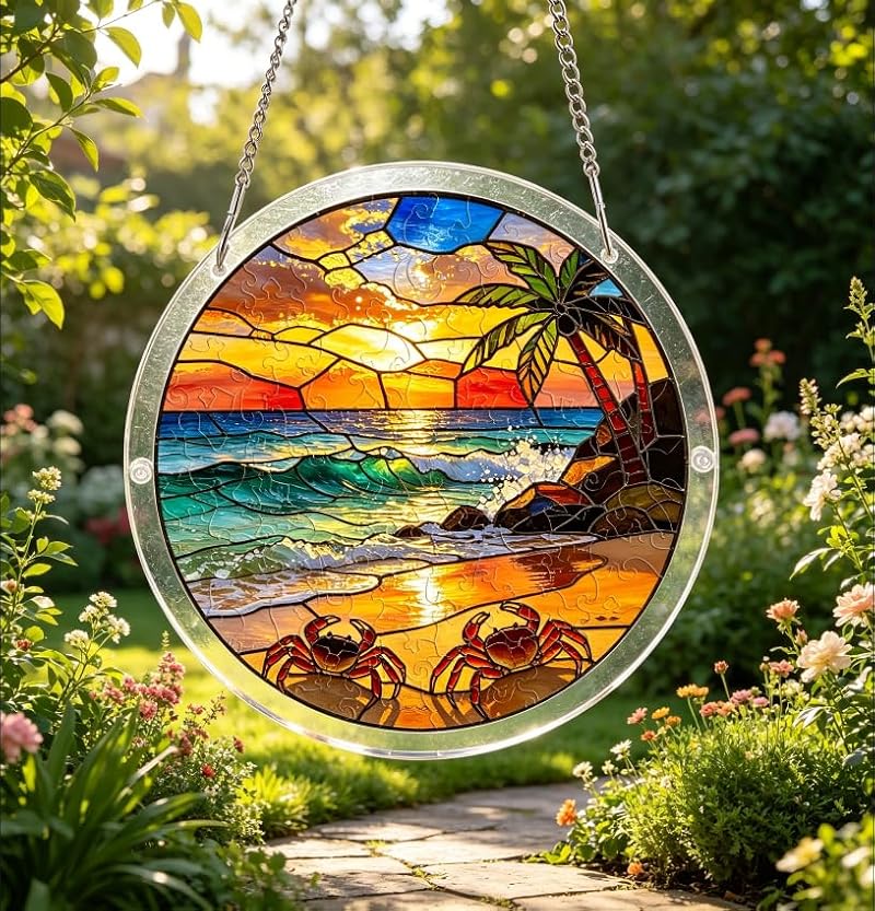 Round Acrylic Sun Catcher Puzzle 7.48 Inch with Pig Design, Style-10 - Hanging Crystal Decor