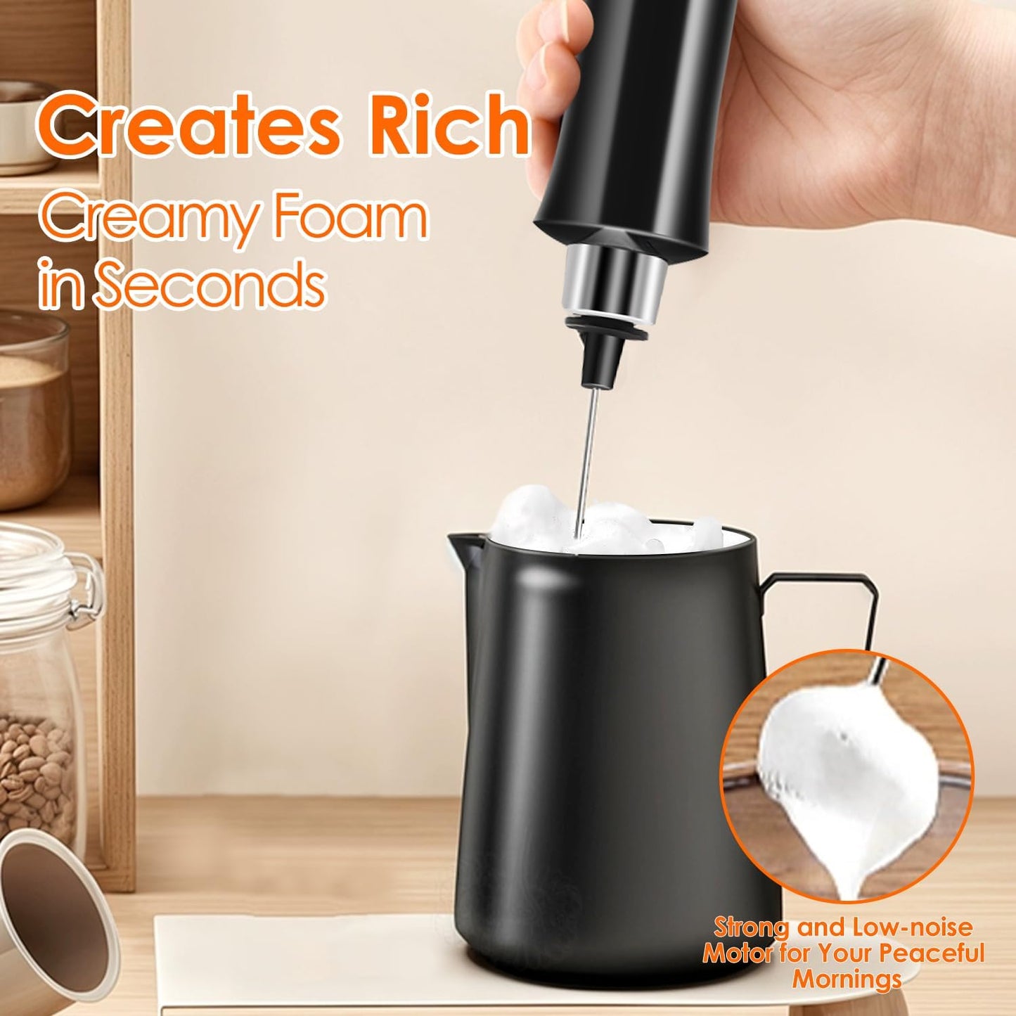 Skiennix Rechargeable Milk Frother - 3 Detachable Stainless Steel Whisks | Adjustable Speed Electric Mixer with Storage Base
