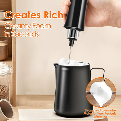 Skiennix Rechargeable Milk Frother - 3 Detachable Stainless Steel Whisks | Adjustable Speed Electric Mixer with Storage Base