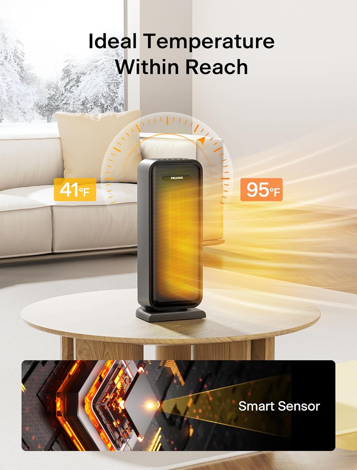 Pelonis 1500W Electric Space Heater - Portable Ceramic Heater with Thermostat & Remote | Ideal for Bedroom & Office