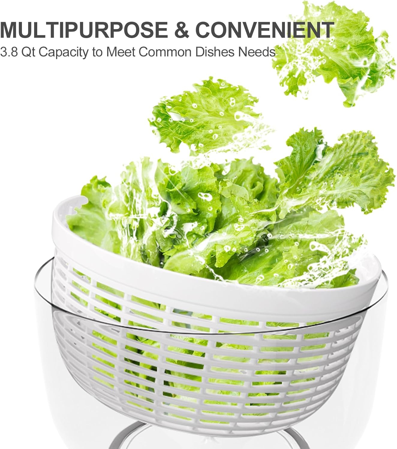 Smile Mom Salad Spinner - High-Efficiency Lettuce Washer with One-Handed Handle | 3.8 Qt White