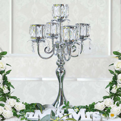 Regine Switzerland Silver 5-Arm Crystal Candle Holder - 22-Inch Elegant Table Centerpiece for Weddings & Home Decor