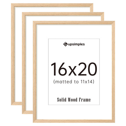 upsimples 16x20 Frames Set of 3, Natural Solid Wooden Picture Frames, Display 11x14 with Mat or 16 x 20 Without for Vertical or Horizontal Wall Hanging