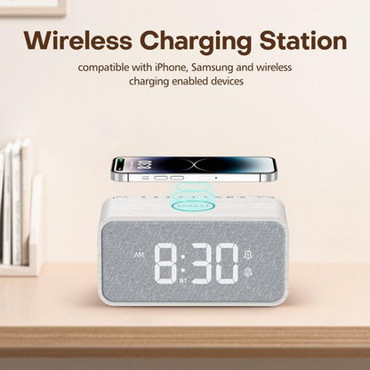 ANJANK Wooden Alarm Clock Radio with Bluetooth Speaker, Wireless Charging Station for iPhone/Samsung, Dual Alarms, Auto-sync Time, 0-100% Dimmer, Digital Clock for Bedrooms Bedside Desk