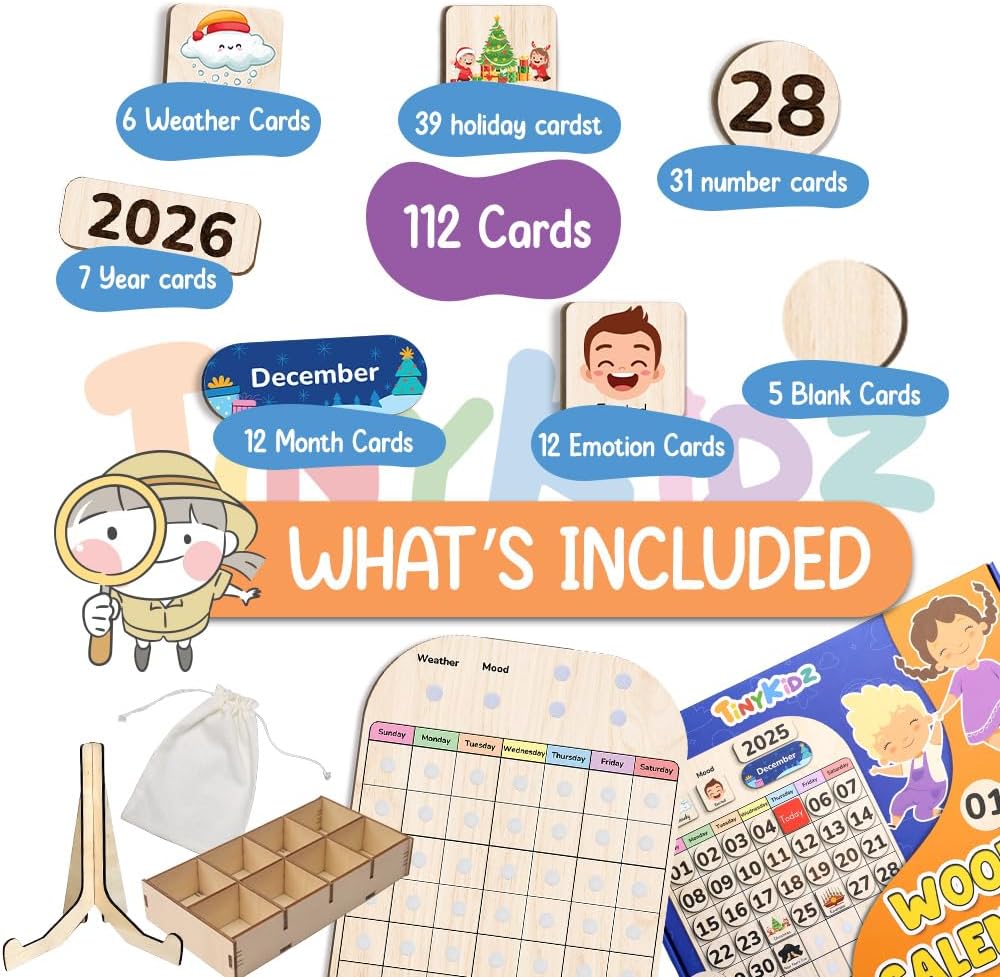 TinyKidz Wooden Calendar - Educational Learning Tool for Kids | Preschool & Toddler Size