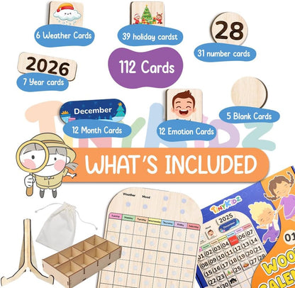 TinyKidz Wooden Calendar - Educational Learning Tool for Kids | Preschool & Toddler Size
