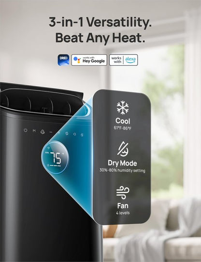 DREO Portable Air Conditioners, 8000 BTU (DOE) AC Unit for Bedroom with Drainage-free Cooling, 3-in-1 with Fan & Dehumidifier, Touch/APP/Voice/Remote, 24h Timer, Smart Floor AC for Room Indoors