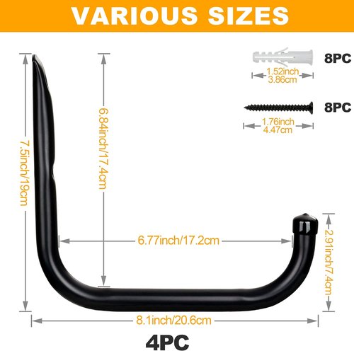 KURUI Heavy Duty Garage Hooks - 6Pcs 3.5" & 4Pcs 8" Ladder Hooks for Tools & Cables | Black Wall Mount