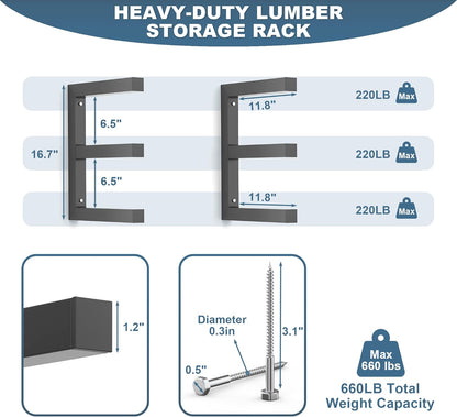 Ultrawall Lumber Storage Rack - Heavy-Duty Wall-Mounted Wood Organizer | Holds 220 LBS Per Level (Pack of 4, Black)