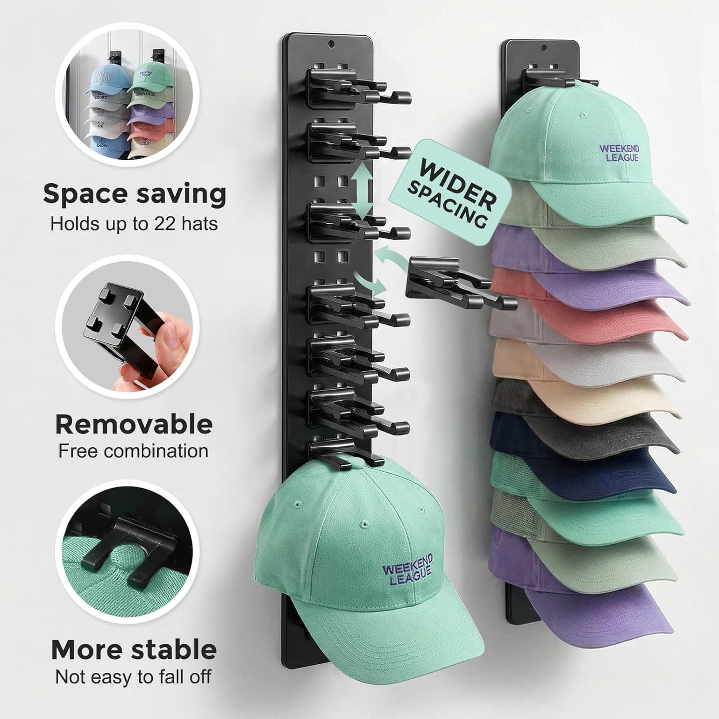 Skiennix Hat Organizer - 2 Pack Detachable DIY Rack for Up to 22 Baseball Caps - Black