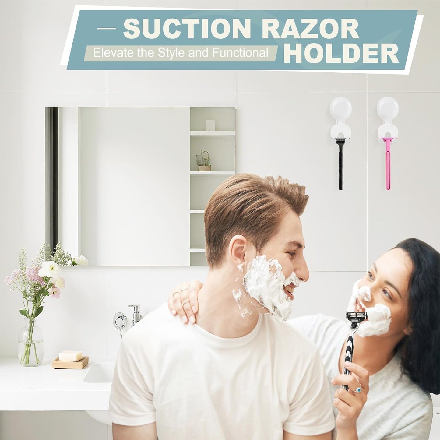 VIS'V Suction Cup Razor Holder - Removable & Reusable Shower Hooks for His and Hers | 2 Pcs, White