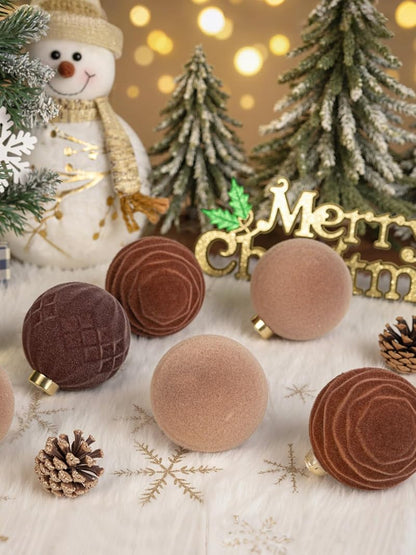 Brown Velvet Christmas Ornaments 3.15in - 12 Pcs Shatterproof, Neutral Round Balls (Variation: Brown+3.15inch)