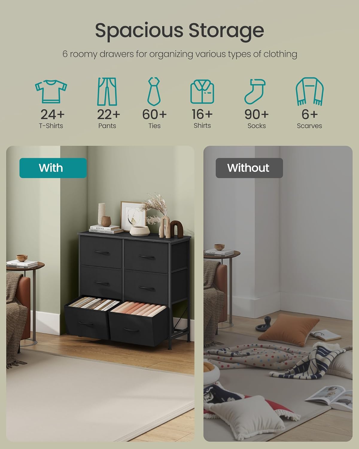 SONGMICS Dresser - Stylish Chest of Drawers with 6 Non-Woven Fabric Bins | Ink Black & Ebony Black