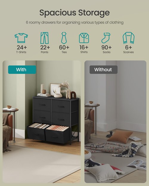 SONGMICS Dresser for Bedroom, Chest of Drawers, TV Stand, Steel, MDF, 6 Non-Woven Fabric Drawers, Storage Organizer Unit, Closet, Entryway, Ink Black and Ebony Black ULGS123B01S