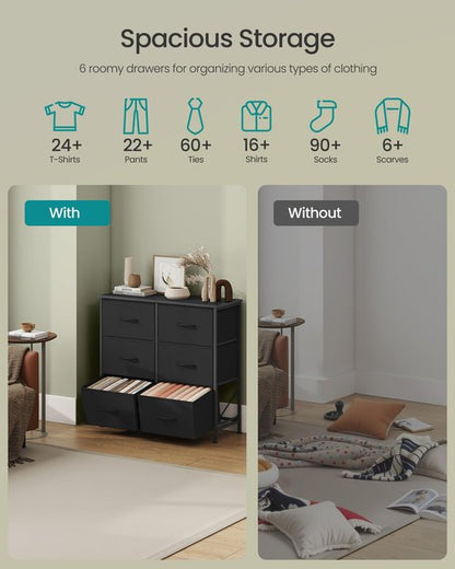 SONGMICS Dresser for Bedroom, Chest of Drawers, TV Stand, Steel, MDF, 6 Non-Woven Fabric Drawers, Storage Organizer Unit, Closet, Entryway, Ink Black and Ebony Black ULGS123B01S
