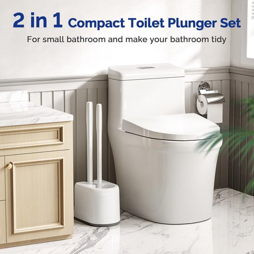 HAMITOR Toilet Plunger Bowl Brush Combo：Heavy Duty Rubber for Drain Clog Remover - Curved Design Bristles for Deep Cleaning Under Rim - Compact Bathroom Cleaning Tools for New Homet Essentials - White