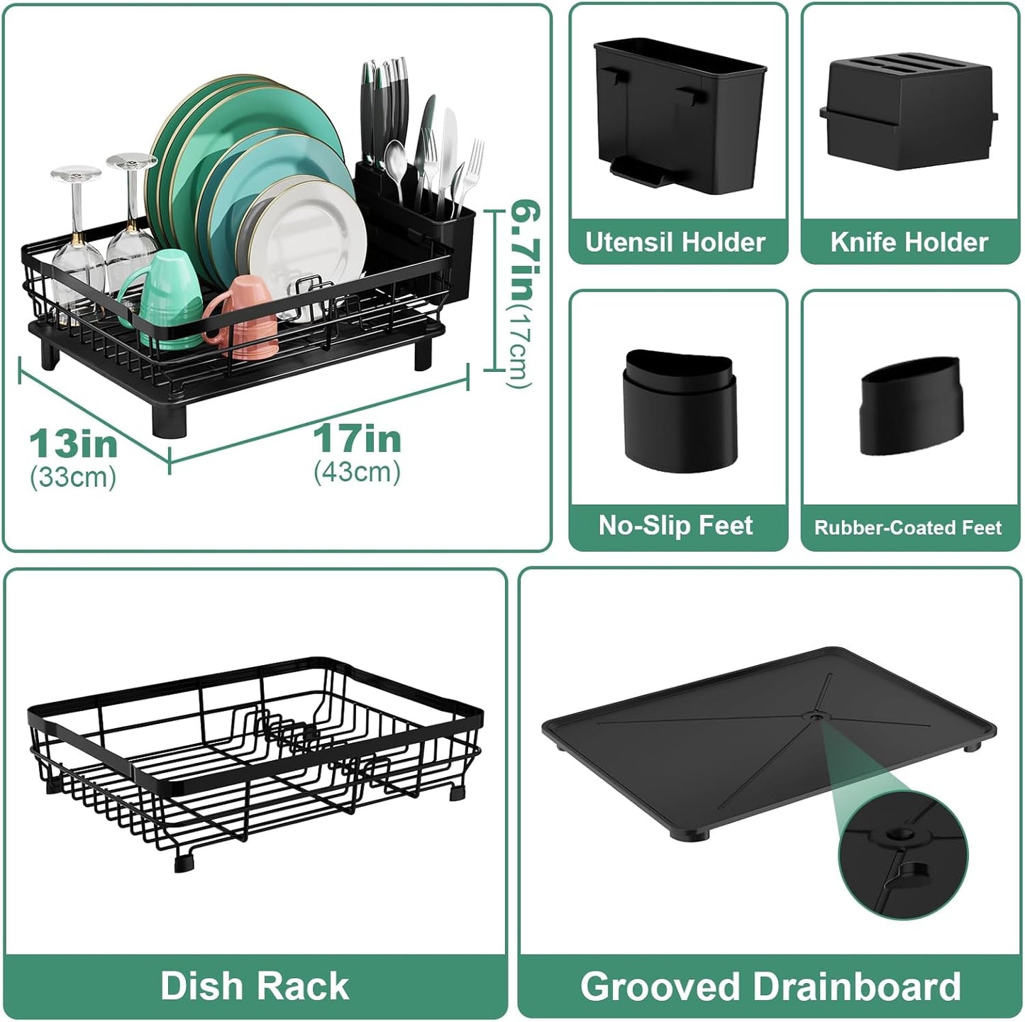 MOUKABAL Stainless Steel Dish Drying Rack - Removable Utensil Holder & Drainboard | Black, 13"W x 17"L