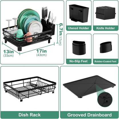 MOUKABAL Stainless Steel Dish Drying Rack - Removable Utensil Holder & Drainboard | Black, 13"W x 17"L