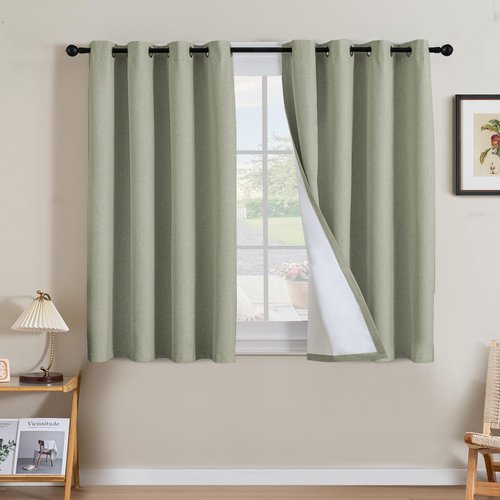 H.VERSAILTEX Linen Curtains 100% Blackout Curtains for Bedroom 45 inch Long Full Light Blocking Nature Linen Blended Window Curtains for Living Room Nickel Grommet (2 Panels, Heathered Tea)