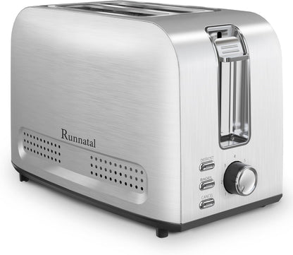 Runnatal 2-Slice Stainless Steel Toaster - Multifunctional with 7 Settings, Defrost & Bagel Functions | Easy to Clean, Silver