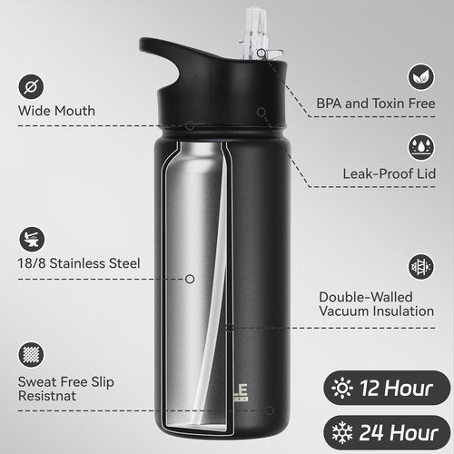 HASLE OUTFITTERS Insulated Water Bottle - 16 oz Double Wall Stainless Steel | Leak Proof, Wide Mouth, Black