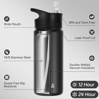 HASLE OUTFITTERS Insulated Water Bottle - 16 oz Double Wall Stainless Steel | Leak Proof, Wide Mouth, Black