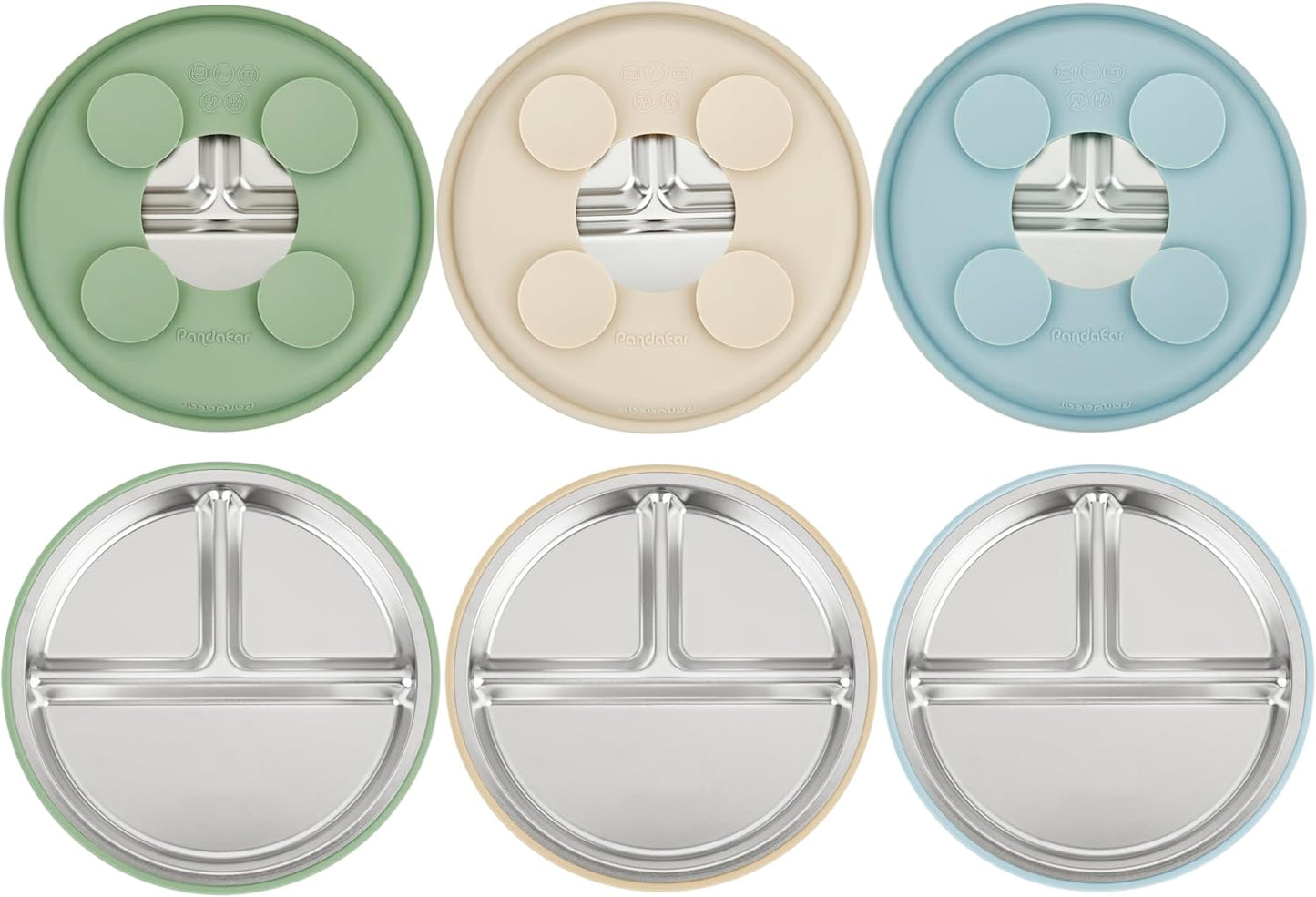 PandaEar Stainless Steel Baby Suction Plates - Divided Toddler Feeding Set | Dishwasher Safe (Blue/Green/Brown)