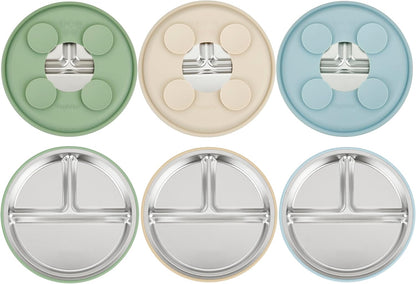 PandaEar Stainless Steel Baby Suction Plates - Divided Toddler Feeding Set | Dishwasher Safe (Blue/Green/Brown)