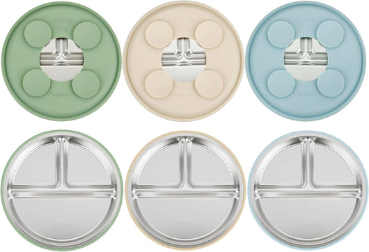 PandaEar Stainless Steel Baby Suction Plates - Divided Toddler Feeding Set | Dishwasher Safe (Blue/Green/Brown)