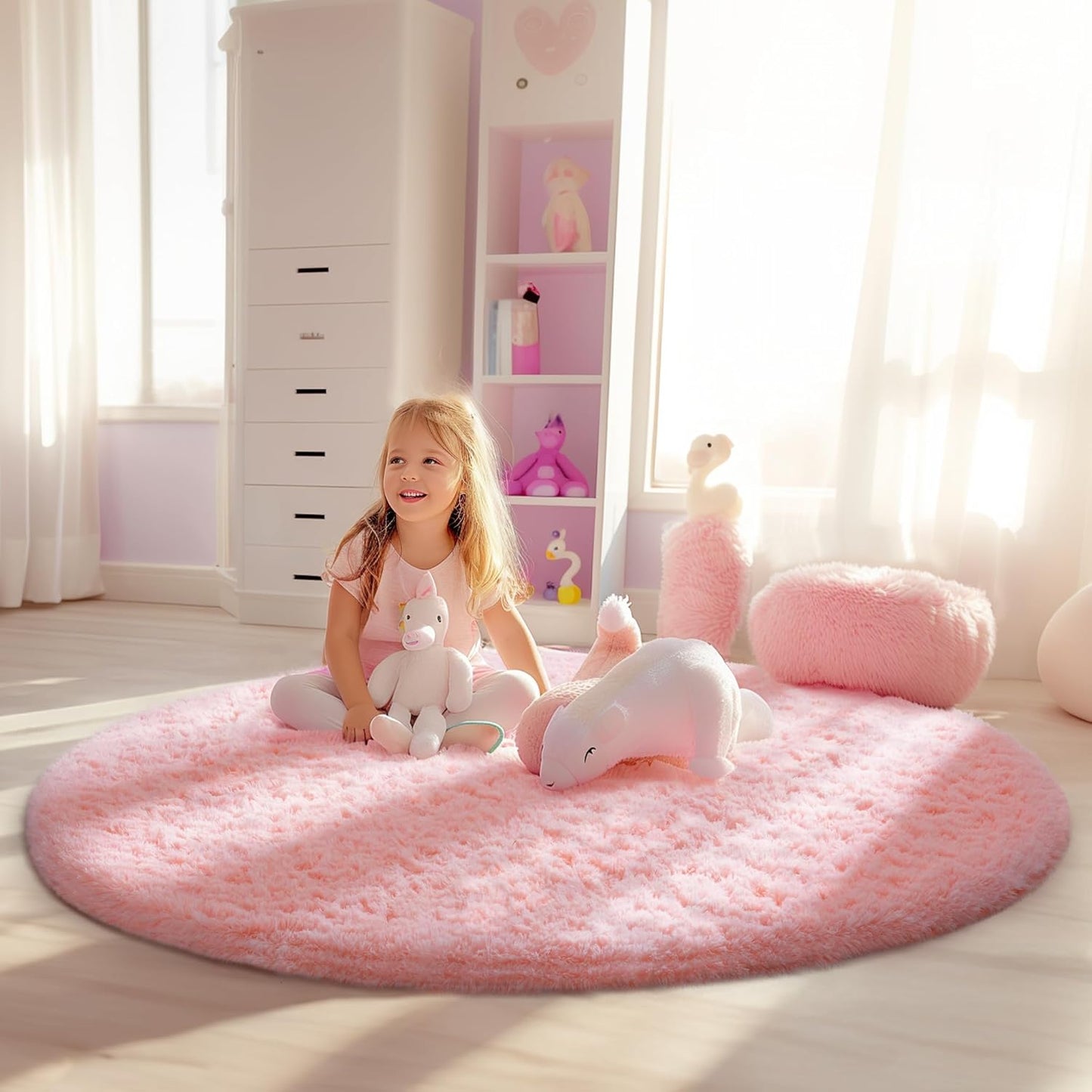 Ophanie Pink Round Rug - Fluffy Kawaii Shag Area Rug for Girls' Bedroom | 4ft Circular Plush Carpet