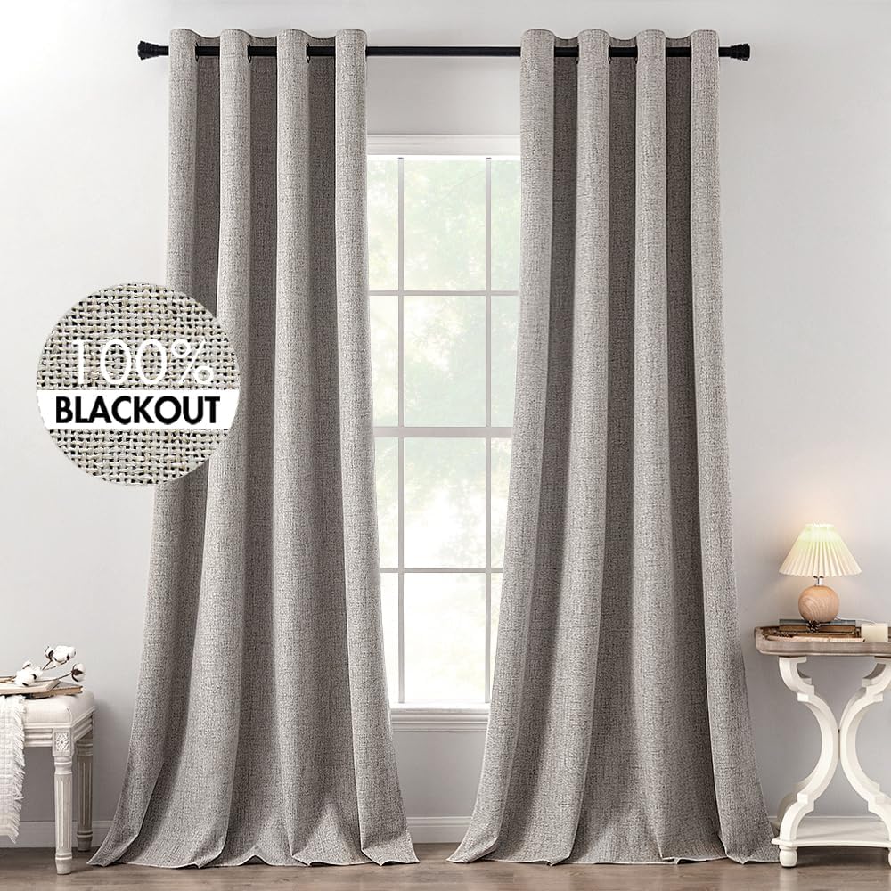 MIULEE 100% Blackout Linen Textured Curtains - Thermal Insulated Room Darkening Drapes | Warm Taupe, 52 x 120 Inch (2 Panels)