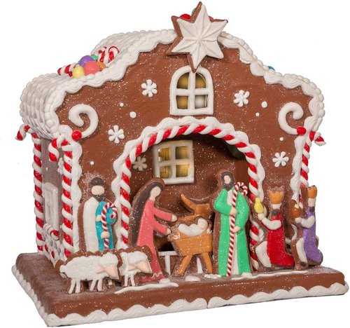 Kurt S. Adler Light Up Nativity Gingerbread House - 12.5-Inch Battery Operated Decor