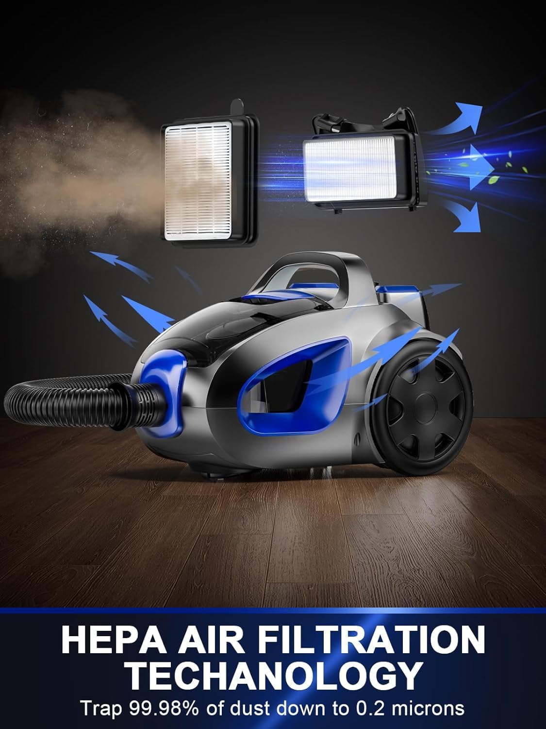 Regine Switzerland Canister Vacuum Cleaner - 40Kpa 1600W Cyclone Power, Lightweight & Bagless for Home | 3.7QT Dust Cup, Blue
