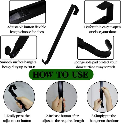 GP Life Wreath Hanger - Adjustable 15 to 25 Inches for 20 lbs Wreaths | Black Front Door Decor