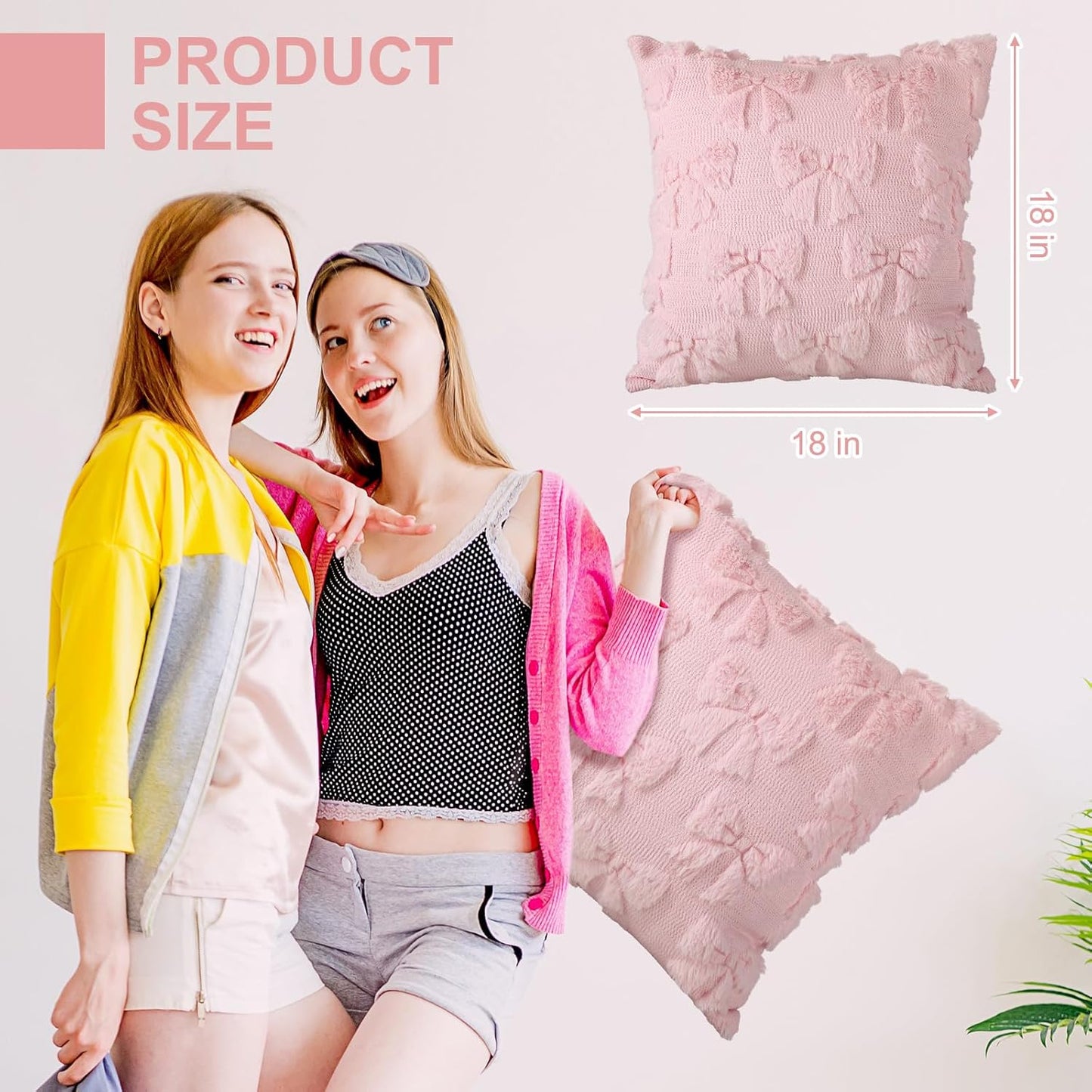 Mixweer Pink Bow Pillow Covers - Set of 2 Soft Faux Fur Decorative Aesthetic Pillowcases | 18 x 18 Inch