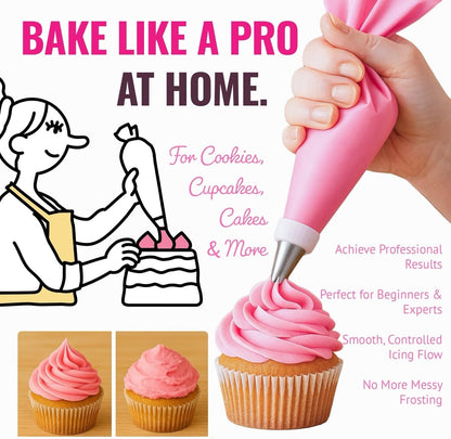 Skiennix Piping Bags and Tips Set - 21-Piece Reusable Cake Decorating Kit with 14 Stainless Steel Nozzles, 2 Silicone Bags & 3 Scrapers