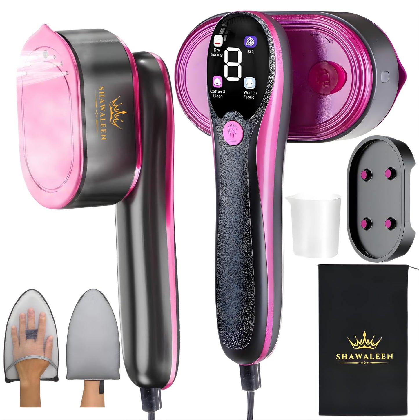 Travel Steamer for Clothes with Ironing Gloves, All-Fabric Wrinkle Removal 4 Adjustable Modes, 10s fast Heat Up, Large Ceramic Heat Panel, 100ml water tank, 2in1 Steamer Iron1200W (110-120V) (PINK)