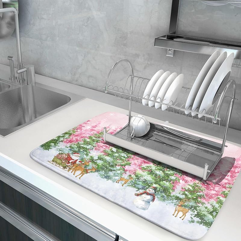 Winter Forest 24x18 Inch Dish Drying Mat - Christmas Kitchen Counter Protector