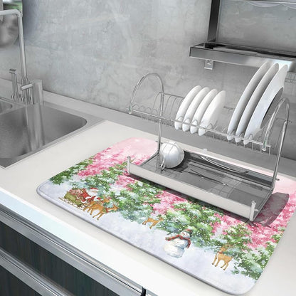 Winter Forest 24x18 Inch Dish Drying Mat - Christmas Kitchen Counter Protector
