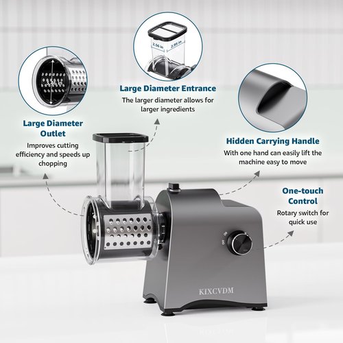 5-In-1 Electric Cheese Grater, Salad Shooter with 5 Different Shapes of Blades, 250W Automatic Cheese Shredder, Rotary Switch Kitchen Electric Slicer for Cheese, Fruits, Vegetables