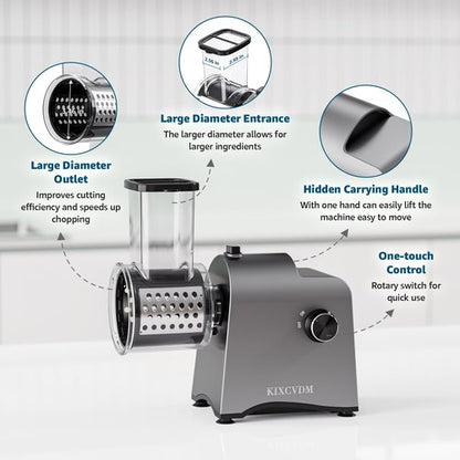 5-In-1 Electric Cheese Grater, Salad Shooter with 5 Different Shapes of Blades, 250W Automatic Cheese Shredder, Rotary Switch Kitchen Electric Slicer for Cheese, Fruits, Vegetables