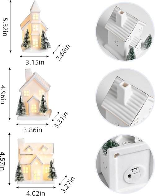 AOMOONOA Ceramic White Christmas Village Houses - 3-Piece LED Lighted Tabletop Decor Set with Trees