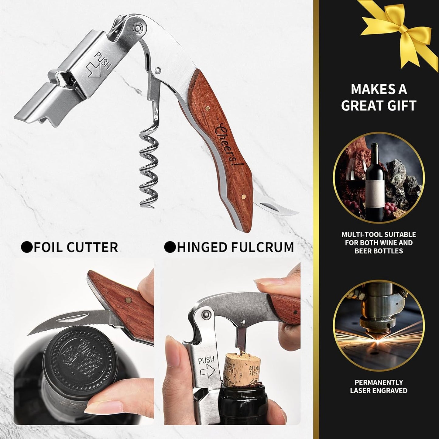 Wine Opener, Wine key, Corkscrew, Wine Bottle Opener w/Foil Cutter and Cap Remover for Servers, Bartenders, Waiters, Sommelier, Wine lover (Brown, Customize)