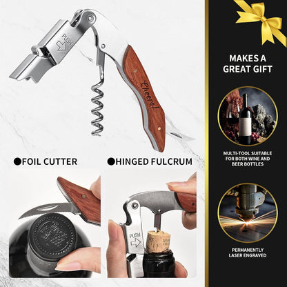 Wine Opener, Wine key, Corkscrew, Wine Bottle Opener w/Foil Cutter and Cap Remover for Servers, Bartenders, Waiters, Sommelier, Wine lover (Brown, Customize)